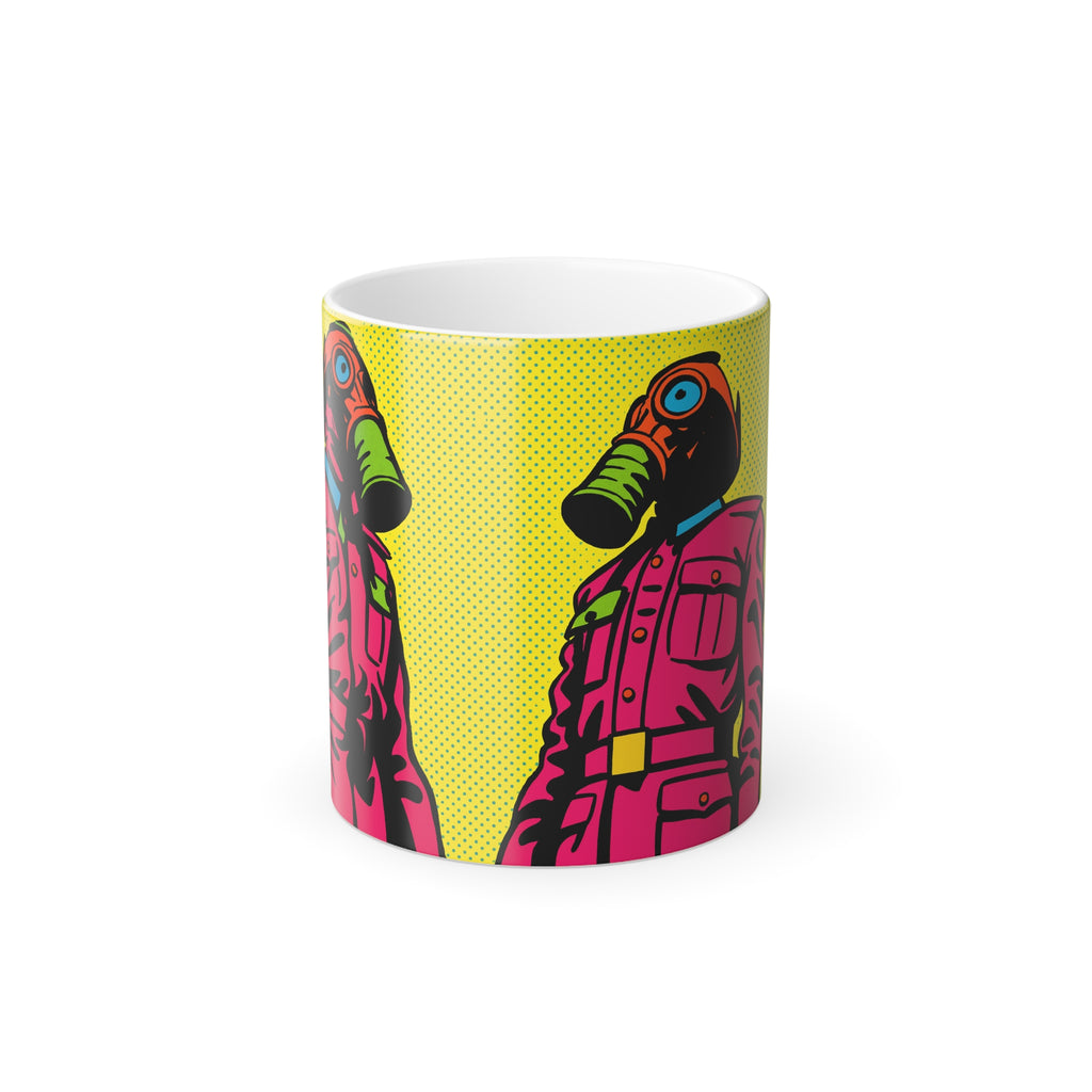 Color-Changing Mug — Neon Pop Gas Mask Design, 11 oz