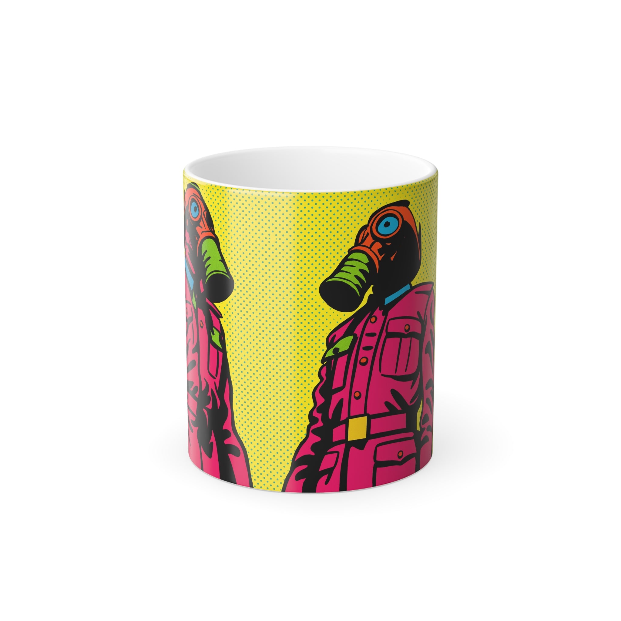 Color-Changing Mug — Neon Pop Gas Mask Design, 11 oz